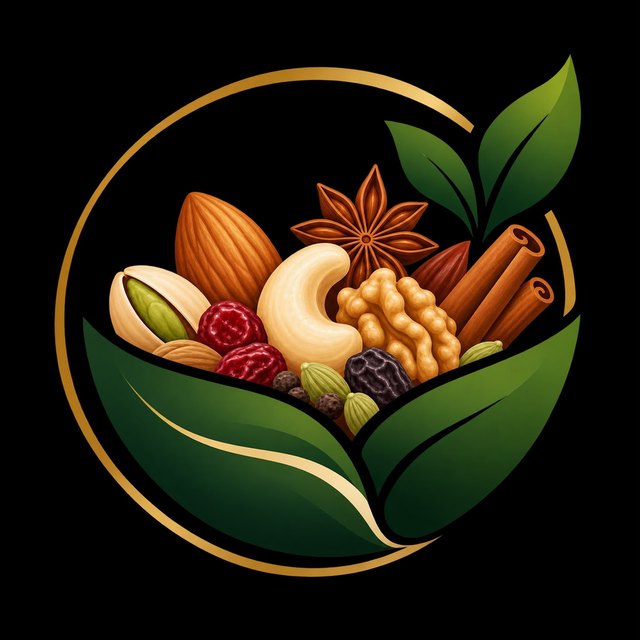 Almonds, cashew, walnut, pistachio, star anise, cinnamon and cardamom in a leaf bowl